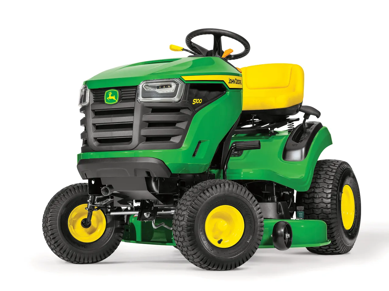 John Deere S100 lawn tractor, front three-quarter studio view