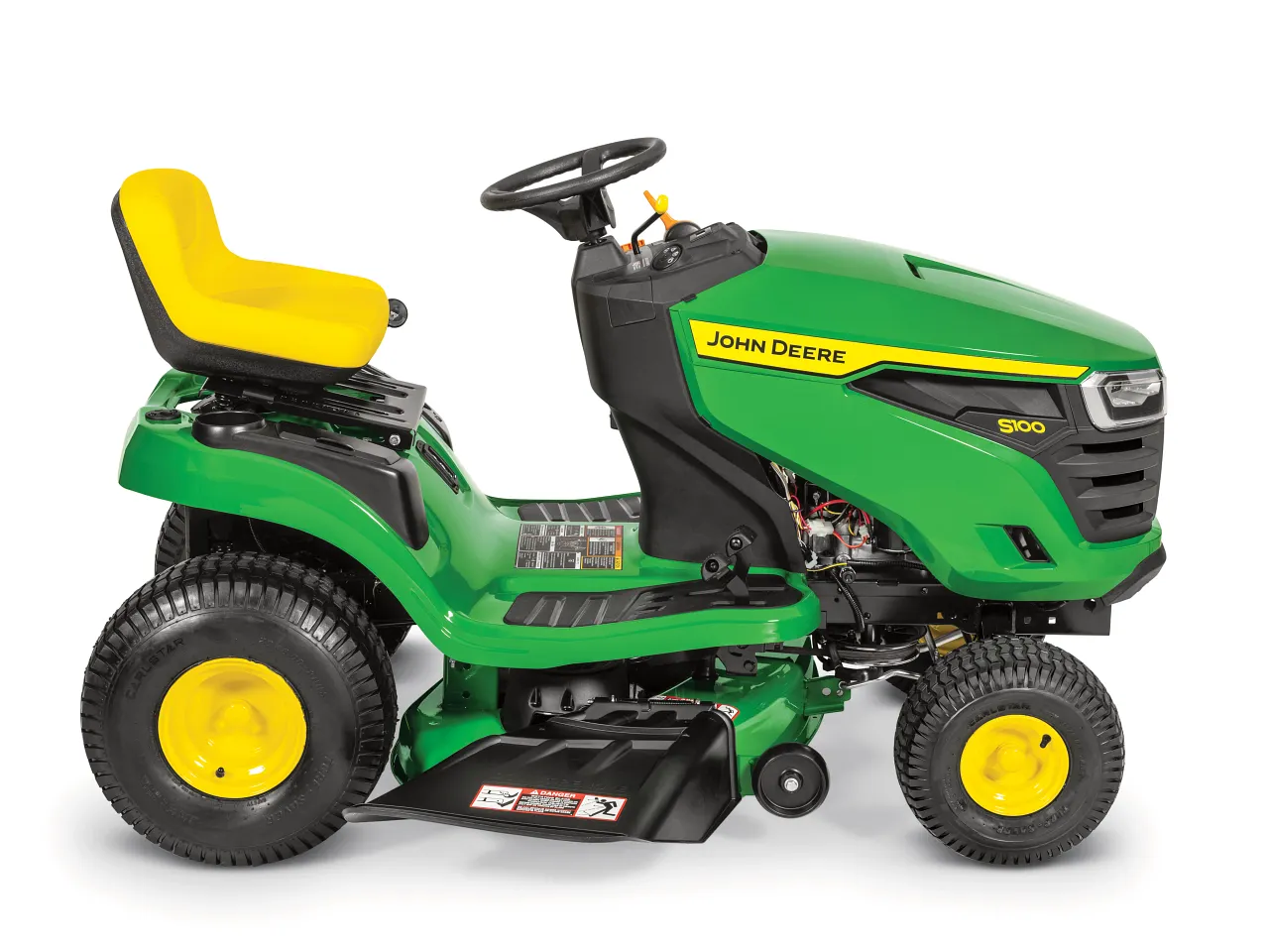 S100 lawn tractor from the right side showing the operator platform and footrest